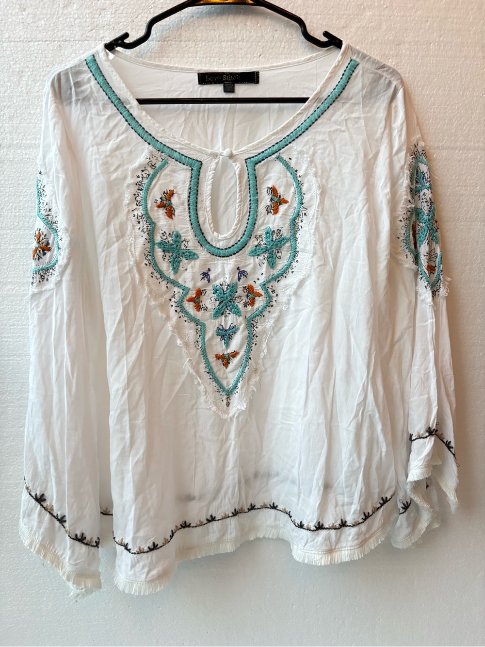 Love Stitch Embroidered Peasant Tunic Blouse Flowy Boho Top White